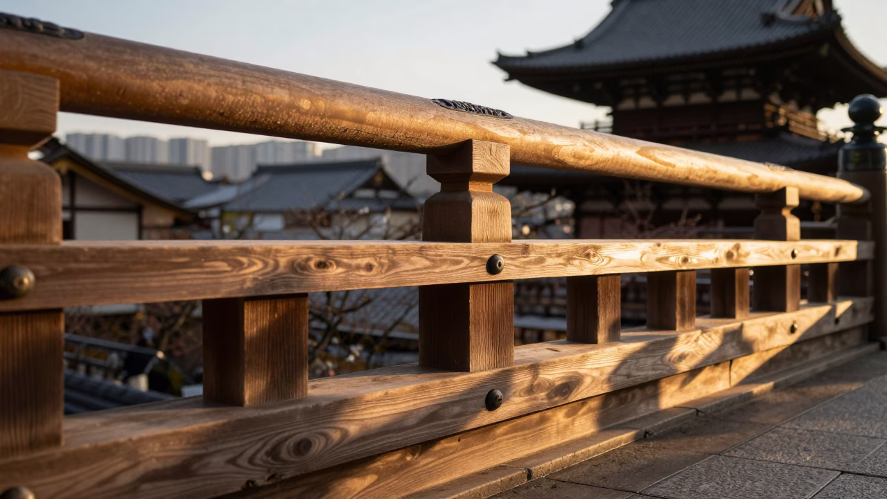 Late Afternoon Sunlight Stripes Across Traditional Wooden Rail in Kyoto Japan in in Kyoto, Japan
