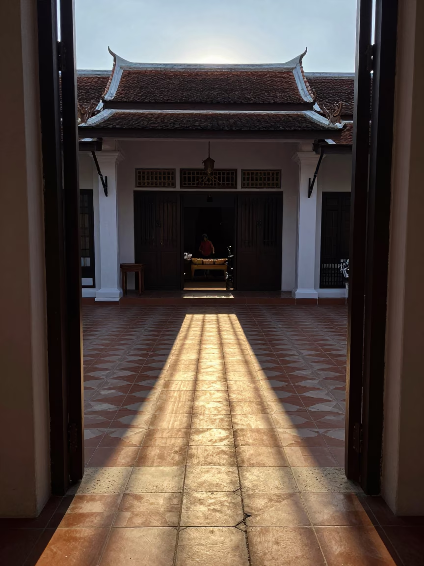Late Afternoon Sunlight Stripes on Phuket Tile Floor with Local Life in in Phuket, Thailand