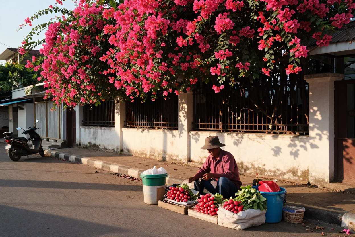 Late Afternoon Surabaya Street Scene with Bougainvillea and Local Market Activity in in Surabaya, Indonesia