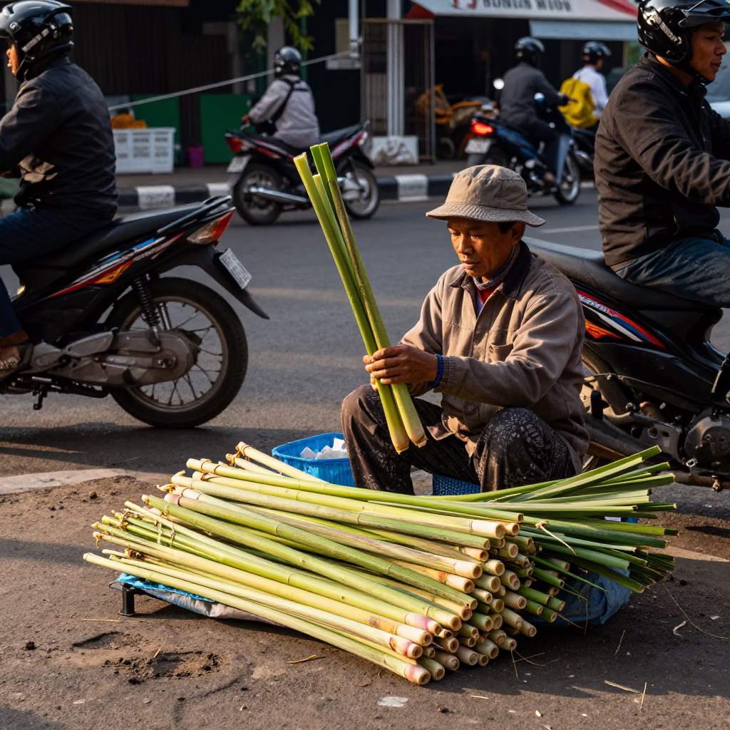 Late Afternoon Surabaya Street Scene with Lemongrass Vendor and Local Traffic in in Surabaya, Indonesia