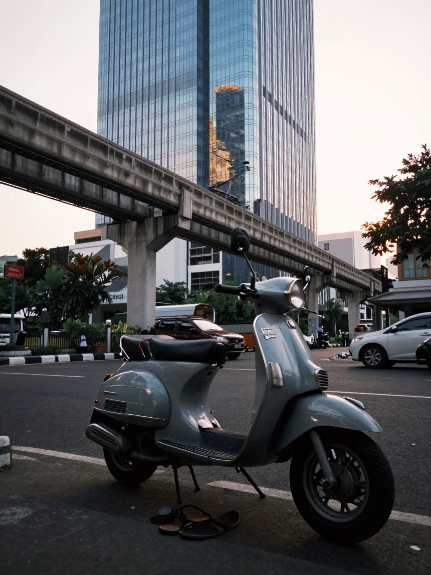 Late Afternoon Surabaya Street Scene with Vintage Motorbike and Local Market Details in in Surabaya, Indonesia
