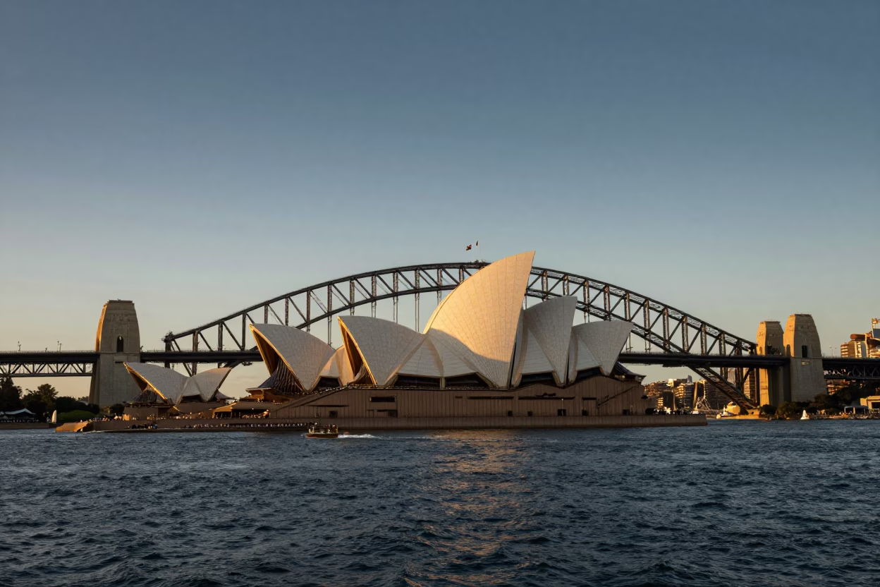 Late Afternoon Sydney Harbour Bridge and Opera House Landscape View from Circular Quay in in Sydney, New South Wales, Australia