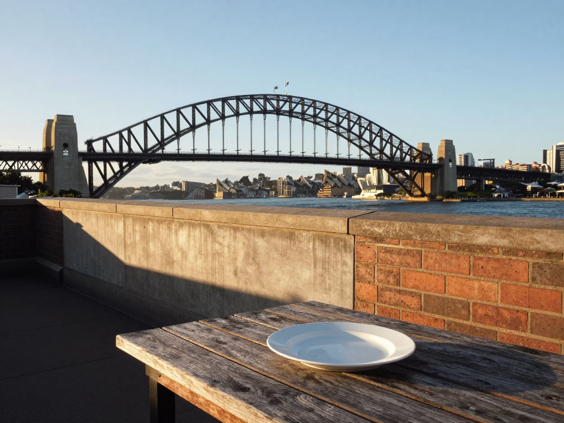 Late Afternoon Sydney Harbour Bridge and Power Substation View from Urban Rooftop in in Sydney, New South Wales, Australia