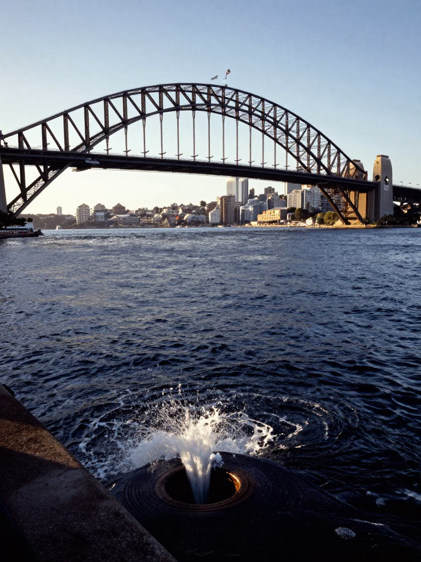 Late Afternoon Sydney Harbour Bridge Shadow Over Storm Drain Outfall and River Swell in in Sydney, New South Wales, Australia