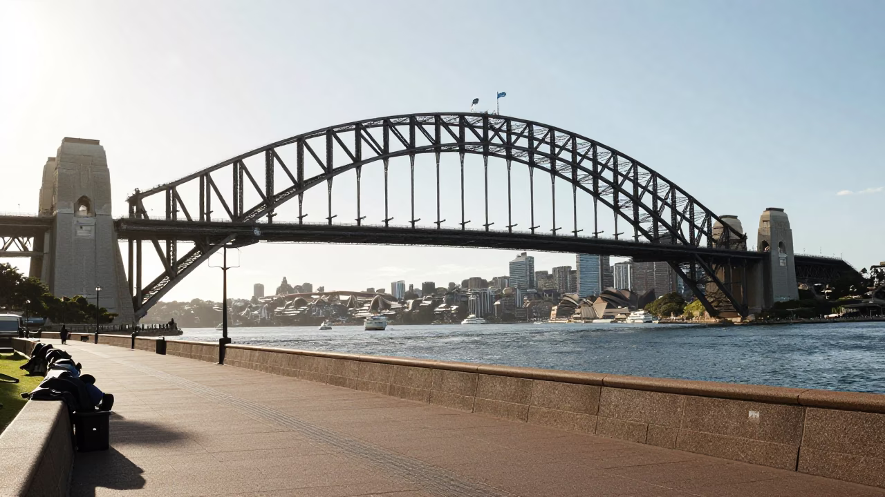 Late Afternoon Sydney Harbour Bridge Sunlight and Circular Quay Street Scene in in Sydney, New South Wales, Australia
