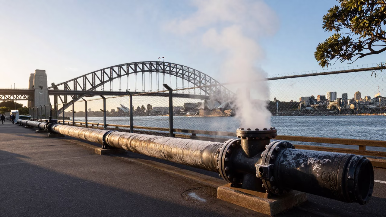 Late Afternoon Sydney Harbour Bridge View with Steam Pipe and Urban Decay in in Sydney, New South Wales, Australia