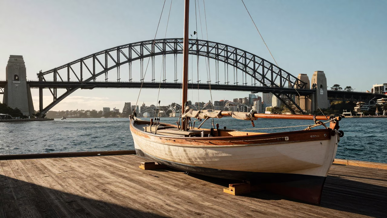 Late Afternoon Sydney Harbour Bridge View with Wooden Sailboat in Boatyard in in Sydney, New South Wales, Australia