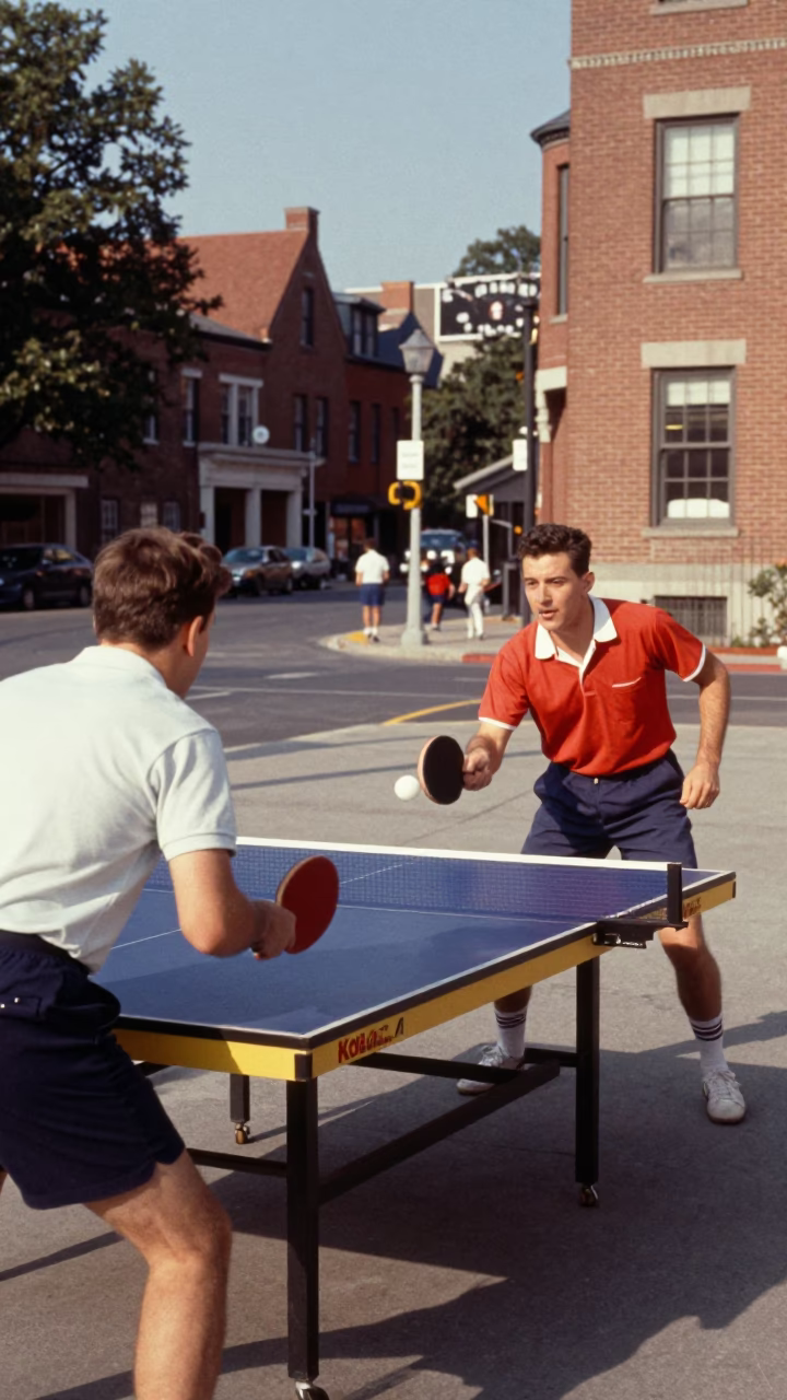 Late Afternoon Table Tennis Rally in Boston Massachusetts with Vintage Sports Equipment in in Boston, Massachusetts, United States