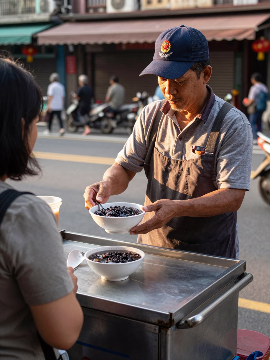Late Afternoon Taipei Street Scene with Bubur Ketan Hitam and Urban Details in in Taipei, Taiwan