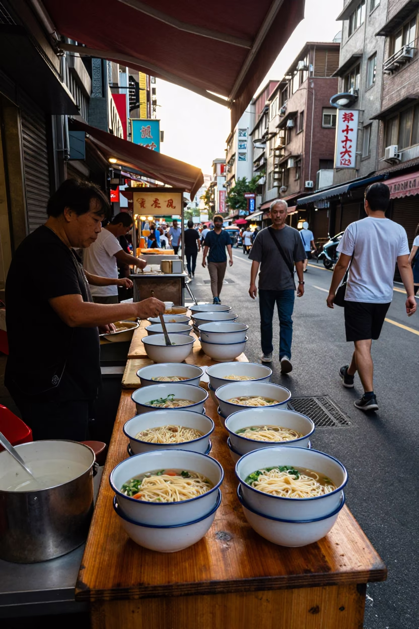 Late Afternoon Taipei Street Scene with Enamel Bowls and Fig Tree in in Taipei, Taiwan