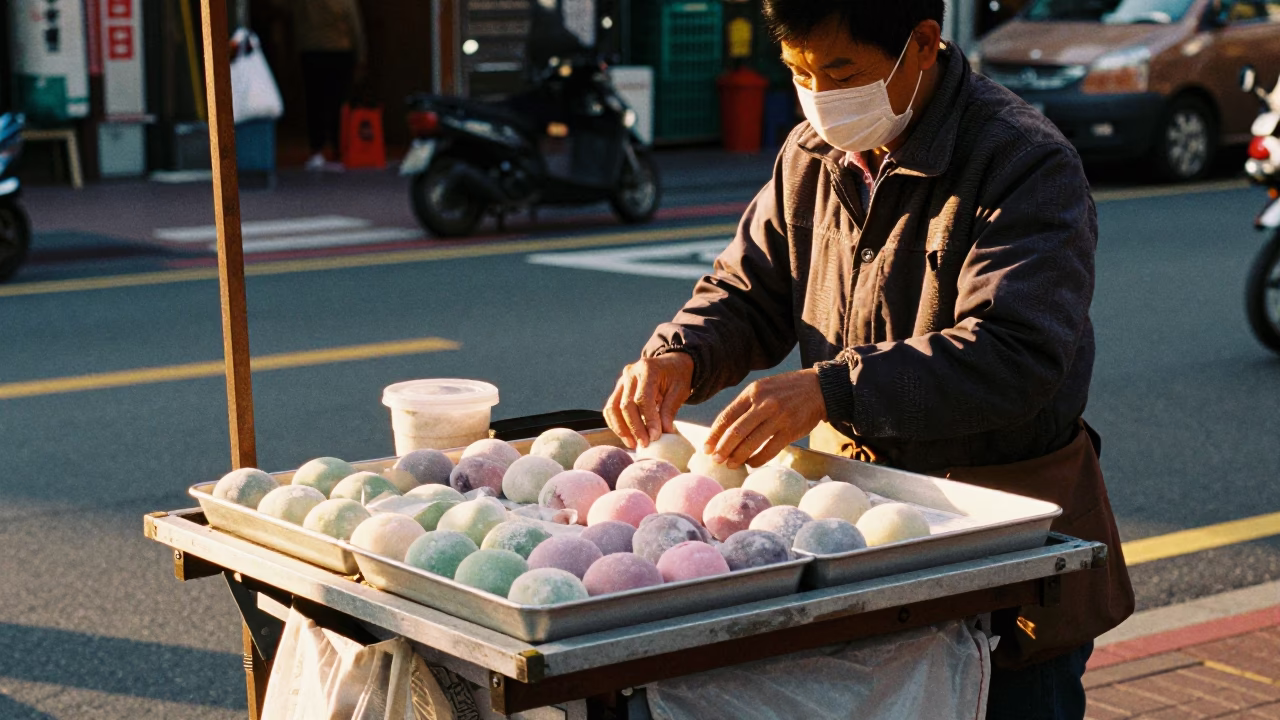 Late Afternoon Taipei Street Scene with Mochi Tray and Wicker Basket in in Taipei, Taiwan
