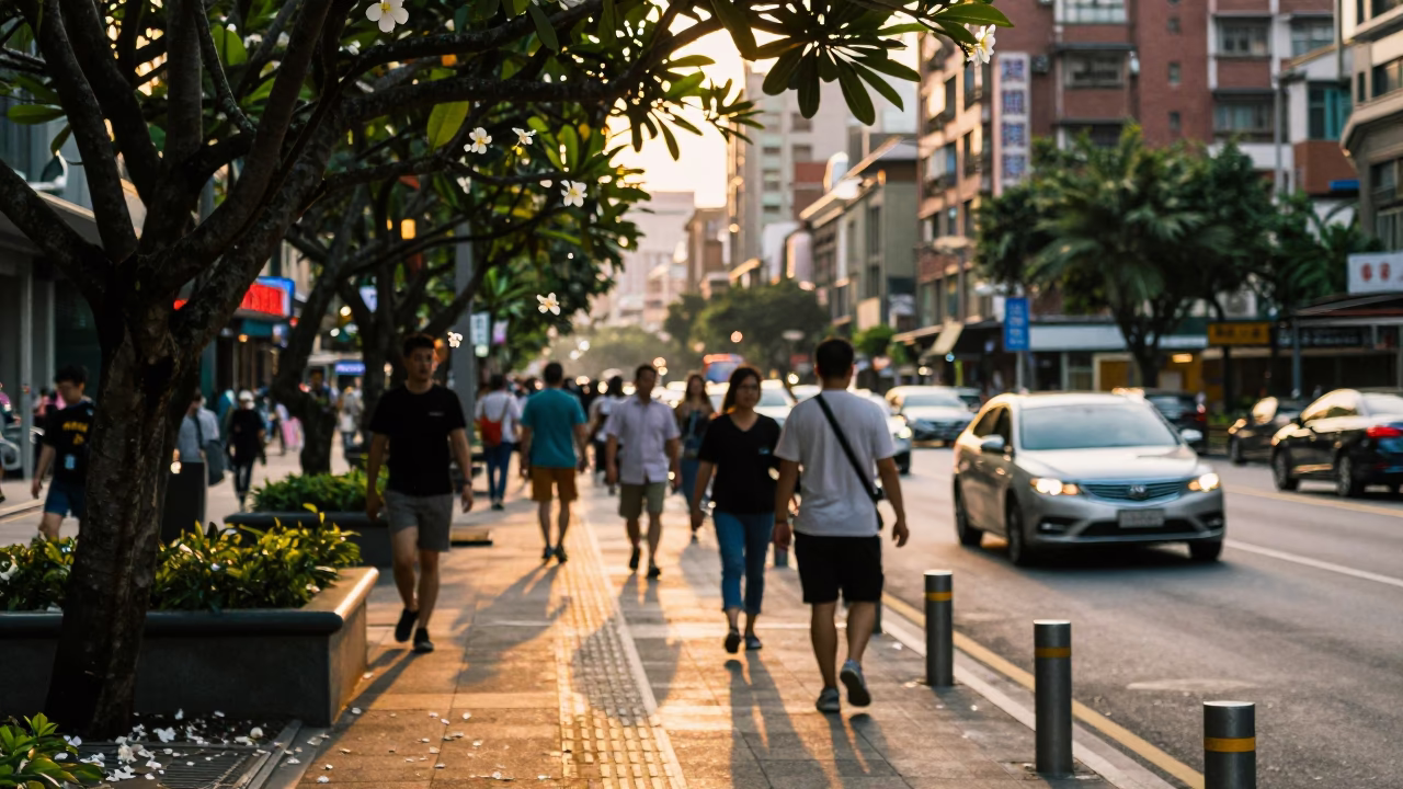 Late Afternoon Taipei Street Scene with Plumeria Petals and Urban Life in in Taipei, Taiwan