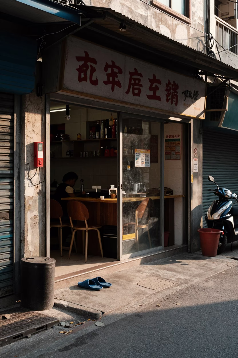 Late Afternoon Taipei Street Scene with Slippers and Local Commerce in in Taipei, Taiwan