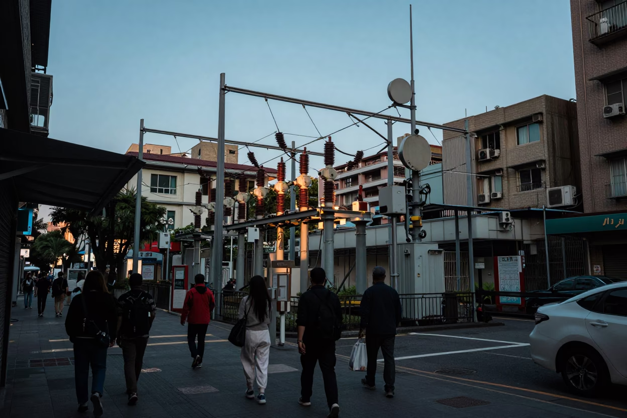 Late Afternoon Taipei Street Scene with Substation Busbars and Urban Details in in Taipei, Taiwan
