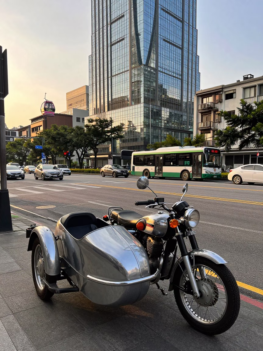 Late Afternoon Taipei Street Scene with Vintage Motorcycle and Monorail Reflection in in Taipei, Taiwan