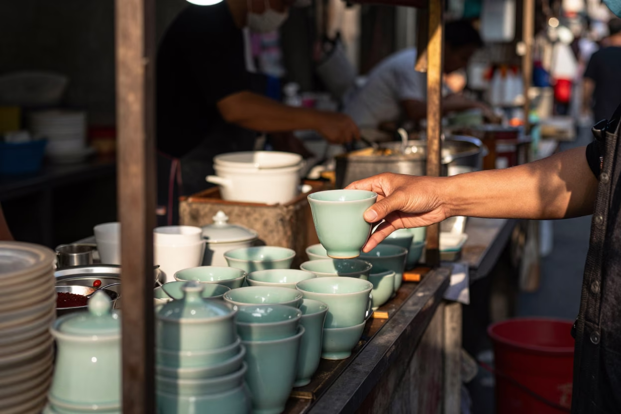 Late Afternoon Taipei Street Stall with Jade Green Ceramic Cup and Vine in in Taipei, Taiwan
