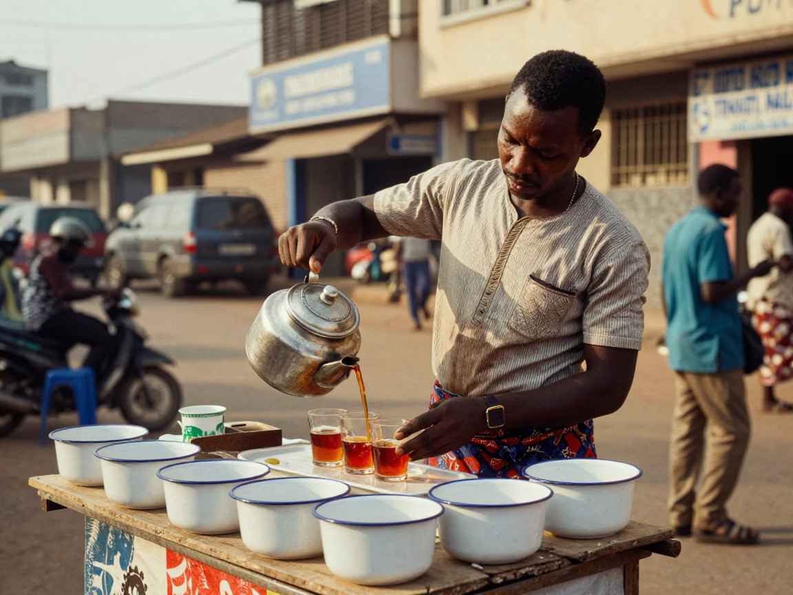 Late Afternoon Tea Seller with Enamel Bowls in Accra Ghana Street Scene in in Accra, Ghana