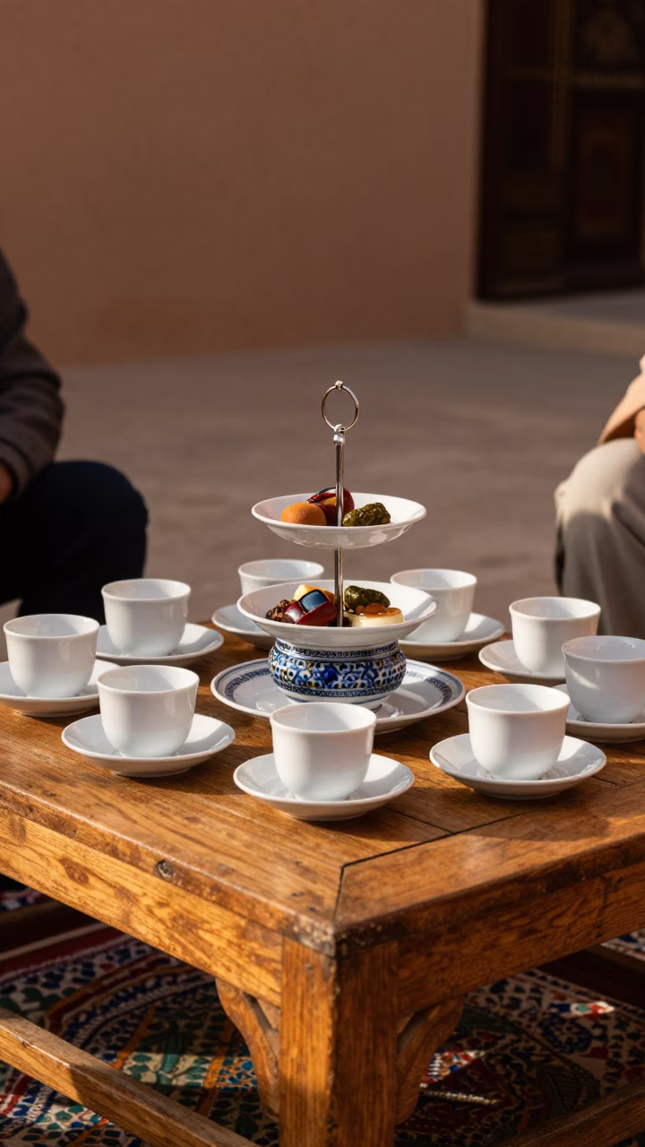 Late Afternoon Tea Service with Glazed Ceramics in a Marrakech Courtyard in in Marrakech, Morocco