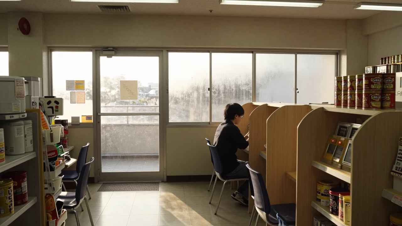 Late Afternoon Tokyo Convenience Store Interior with Coffee Tin and Study Carrel in in Tokyo, Japan