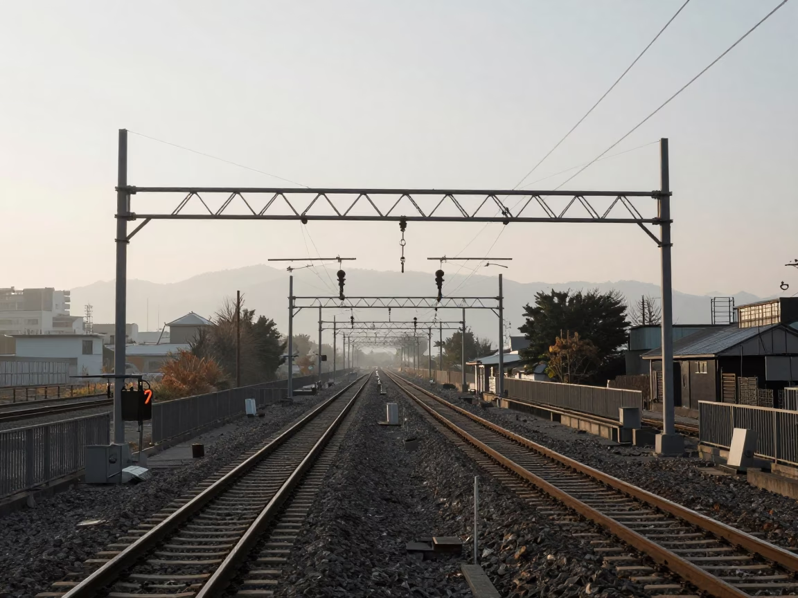 Late Afternoon Tokyo Signal Gantry Over Parallel Rail Lines in Mist in in Tokyo, Japan
