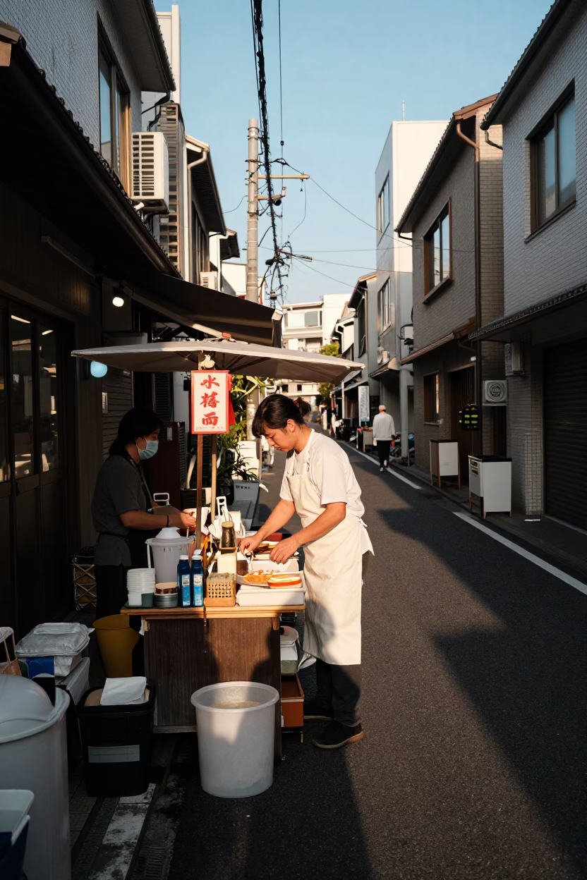 Late Afternoon Tokyo Street Scene with Apron Wearing Vendor and Soap Residue on Glass in in Tokyo, Japan