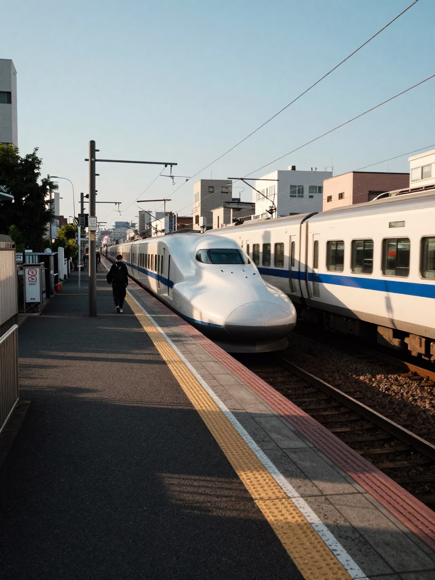 Late Afternoon Tokyo Street Scene with Blurring Bullet Train and Suburban Platform in in Tokyo, Japan