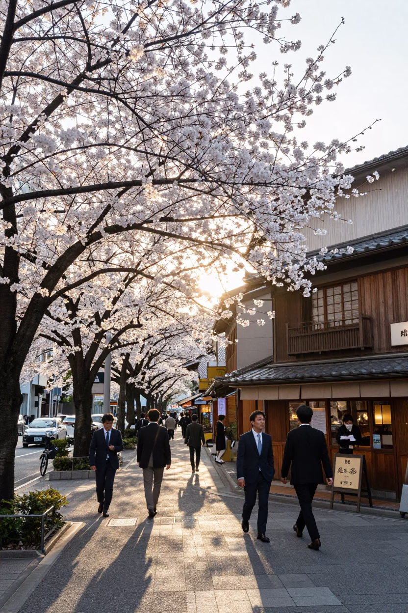 Late Afternoon Tokyo Street Scene with Cherry Blossom Canopy and Urban Life in in Tokyo, Japan