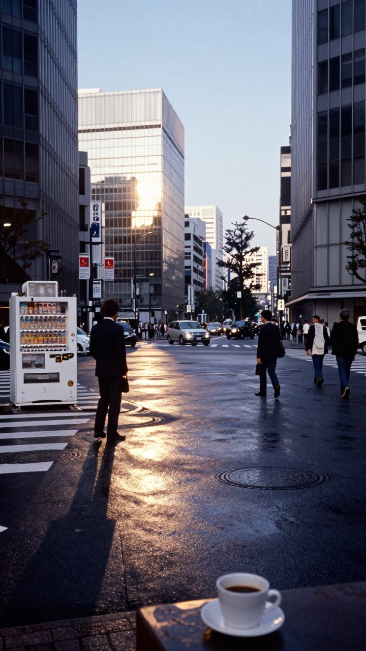 Late Afternoon Tokyo Street Scene with Coffee Cup and Umbrella Stand in in Tokyo, Japan