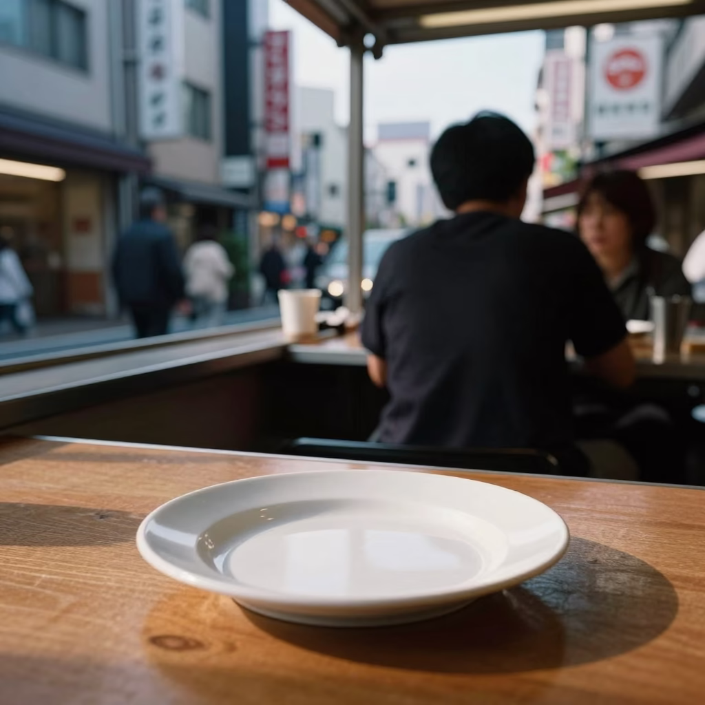 Late Afternoon Tokyo Street Scene with Diner Plate and Grease Sheen in in Tokyo, Japan