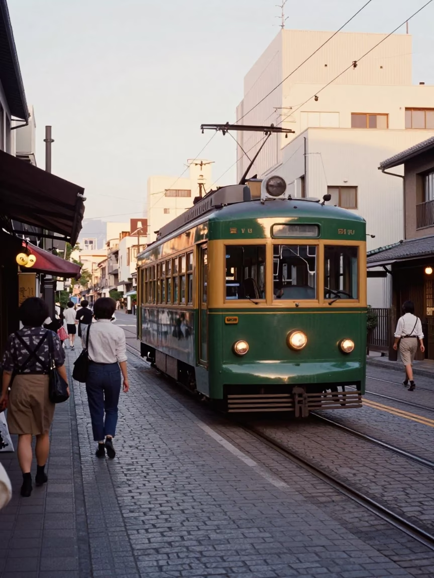 Late Afternoon Tokyo Street Scene with Heritage Tram on Cobblestone Avenue in in Tokyo, Japan