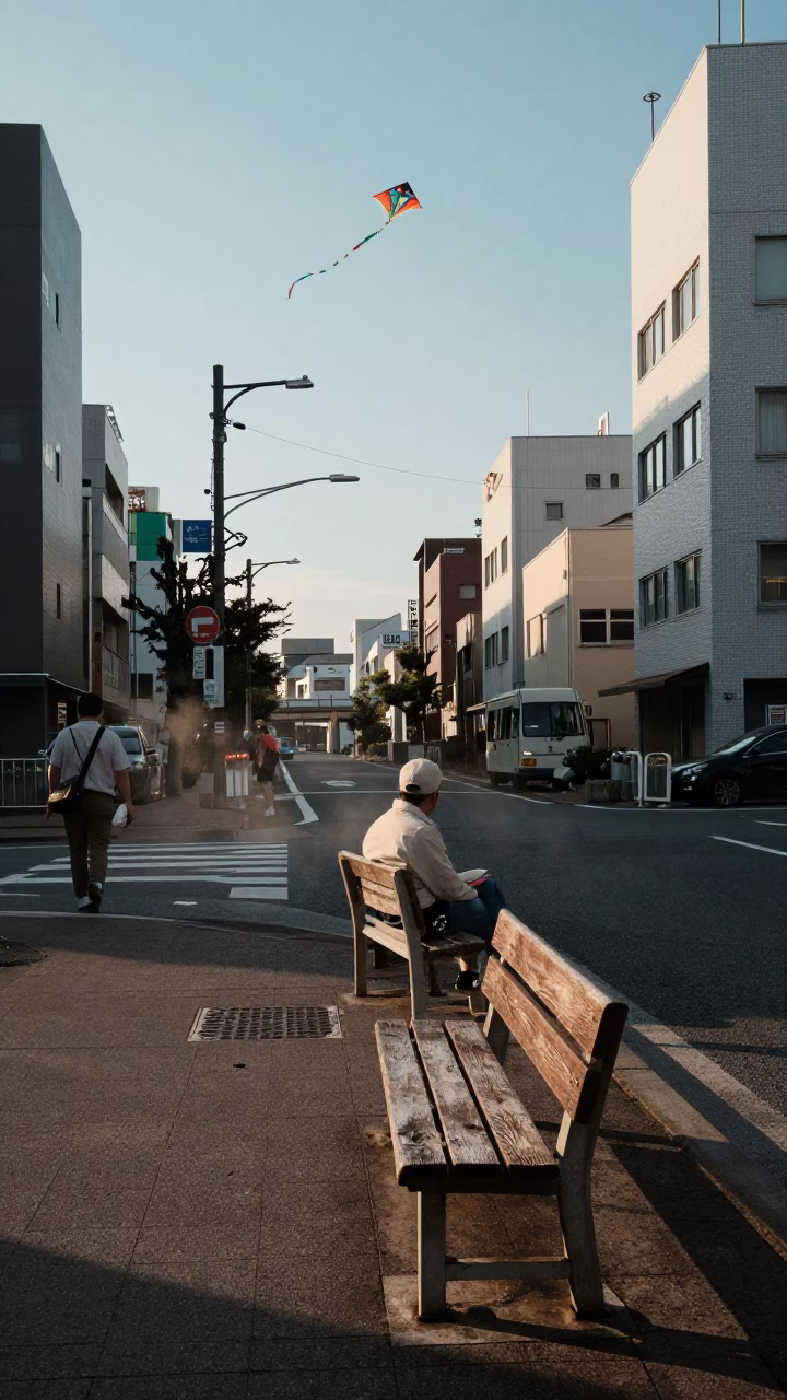 Late Afternoon Tokyo Street Scene with Kites and Dust on Bench in in Tokyo, Japan