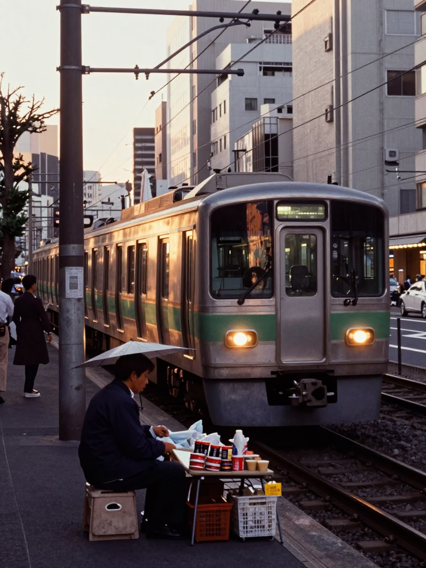 Late Afternoon Tokyo Street Scene with Metro Train Emerging and Tea Canister Detail in in Tokyo, Japan