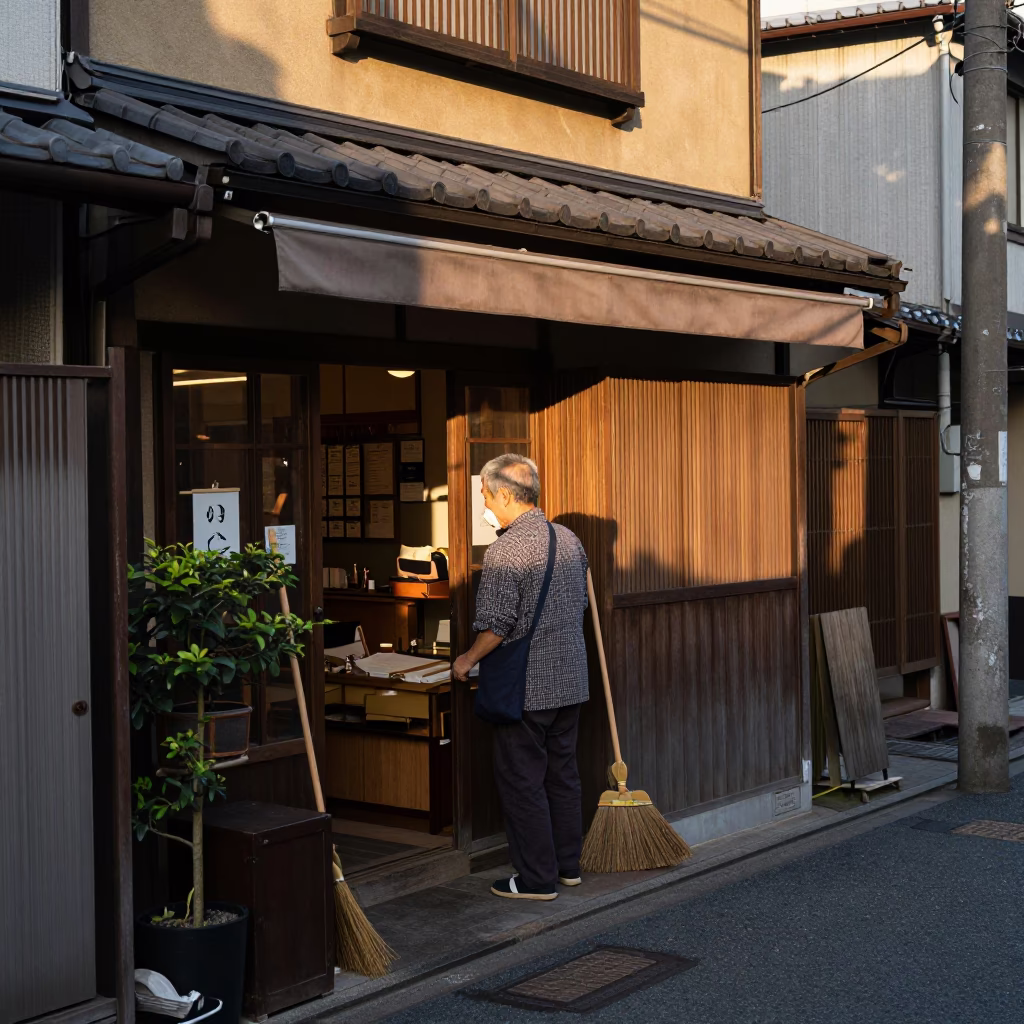 Late Afternoon Tokyo Street Scene with Traditional Broom and Steel Hinge Details in in Tokyo, Japan