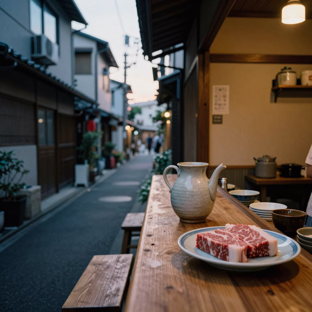 Late Afternoon Tokyo Street Scene with Traditional Kitchen Elements and Local Dining in in Tokyo, Japan