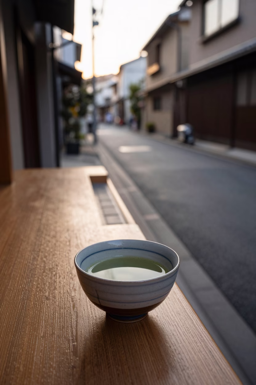 Late Afternoon Tokyo Street Scene with Traditional Tea Ceremony Elements and Urban Life in in Tokyo, Japan