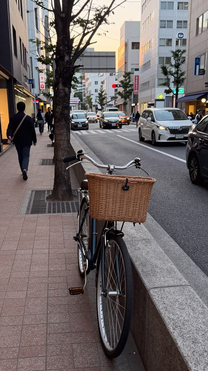 Late Afternoon Tokyo Street Scene with Vintage Bicycle and Local Market Produce in in Tokyo, Japan