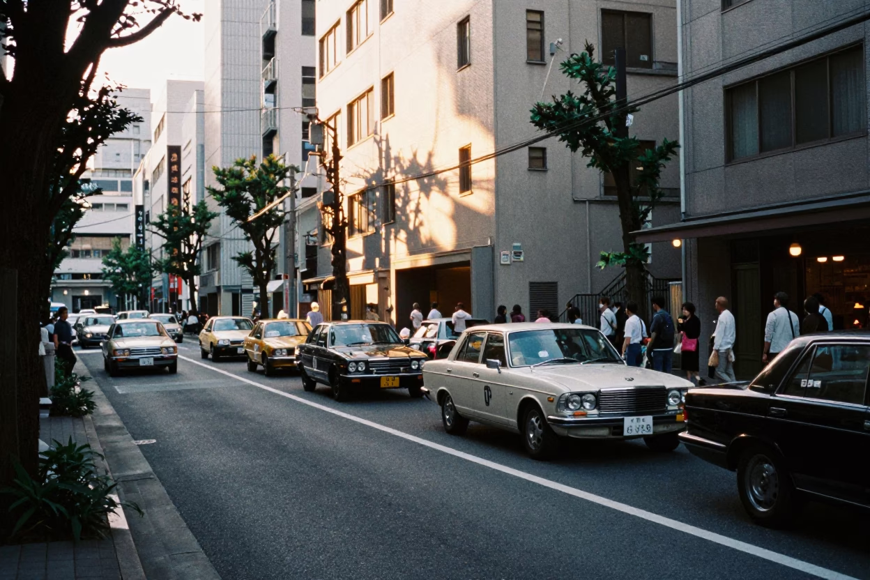 Late Afternoon Tokyo Street Scene with Vintage Car Rally and Window Light in in Tokyo, Japan