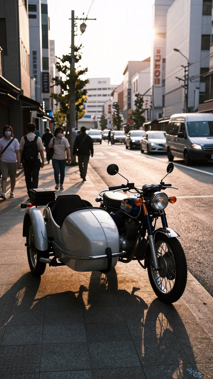 Late Afternoon Tokyo Street Scene with Vintage Motorcycle and Casual Dining in in Tokyo, Japan