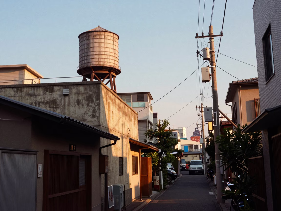 Late Afternoon Tokyo Street Scene with Water Tower and Potted Geraniums in in Tokyo, Japan