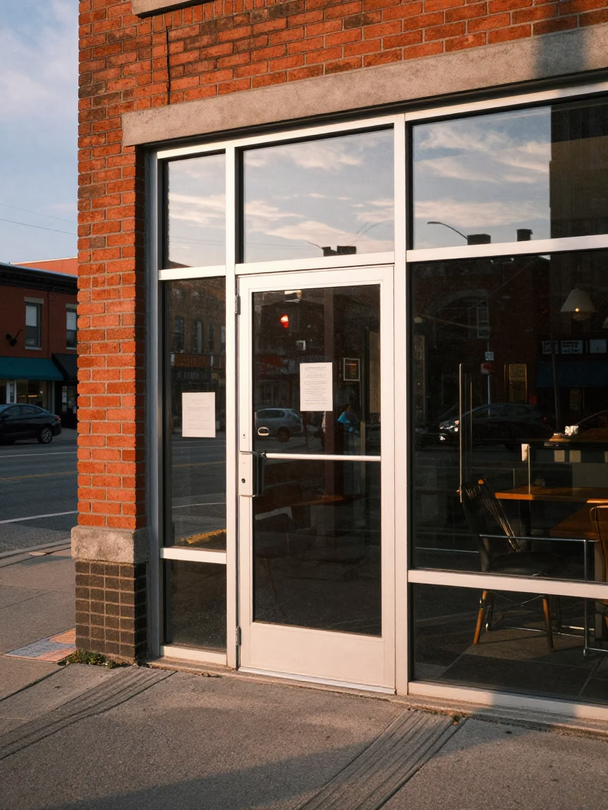 Late Afternoon Toronto Street Scene with Clear Glass Doorframe and Doormat in in Toronto, Ontario, Canada