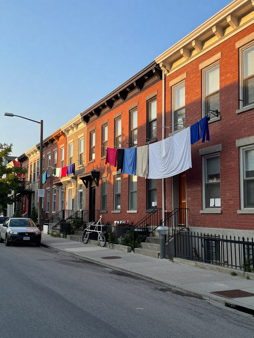 Late Afternoon Toronto Street Scene with Colorful Laundry and Urban Overpass in in Toronto, Ontario, Canada