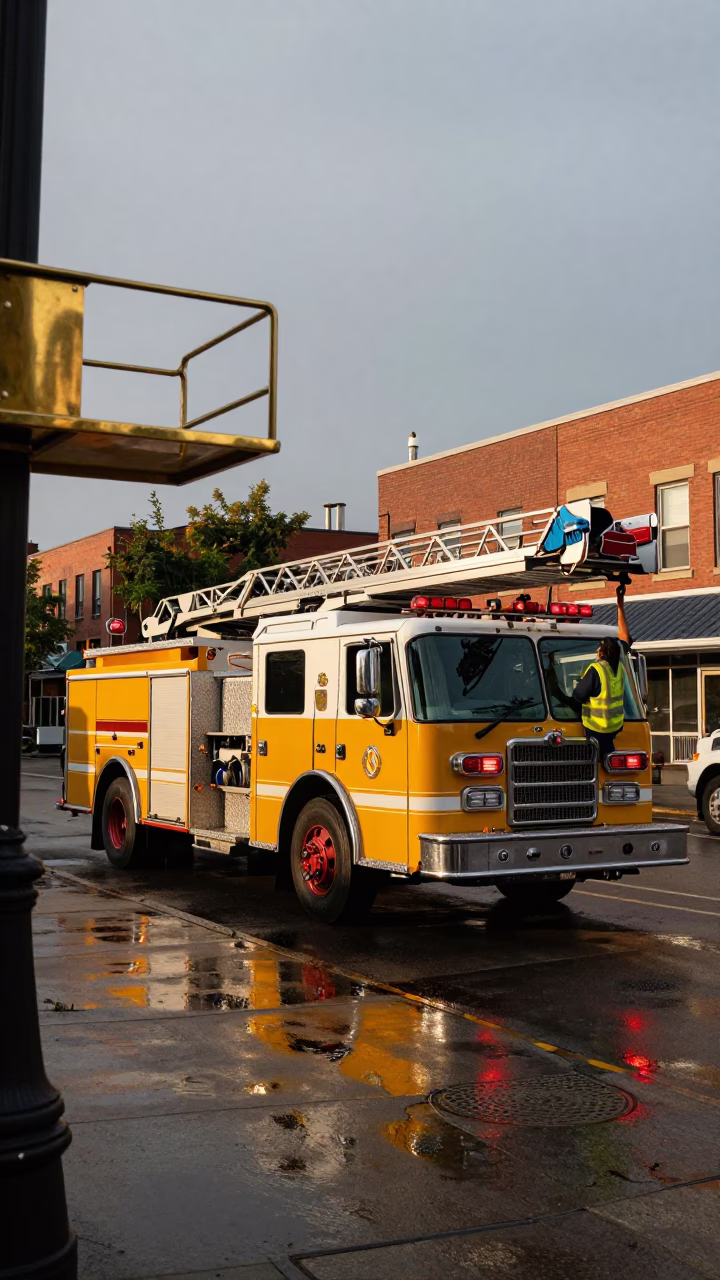 Late Afternoon Toronto Street Scene with Fire Engine and Brass Detail in in Toronto, Ontario, Canada