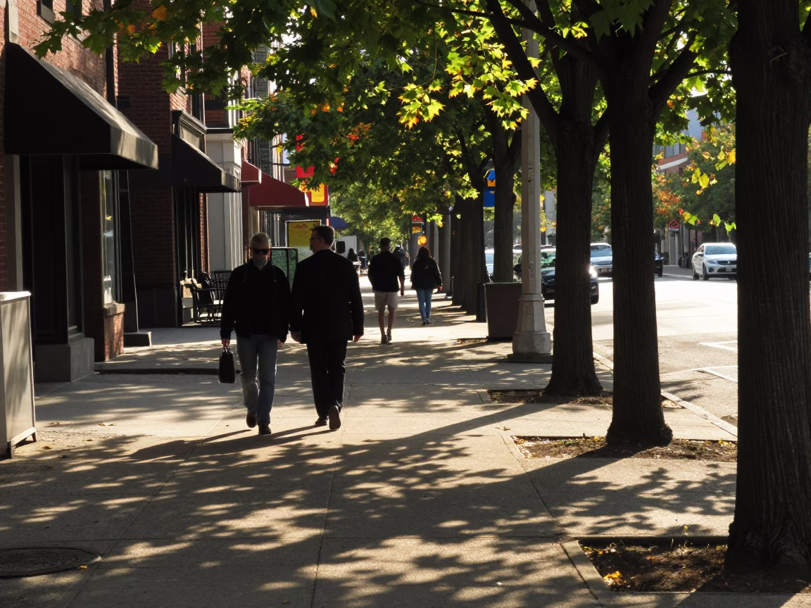 Late Afternoon Toronto Street Scene with Leaf Shadows and Casual Urban Life in in Toronto, Ontario, Canada