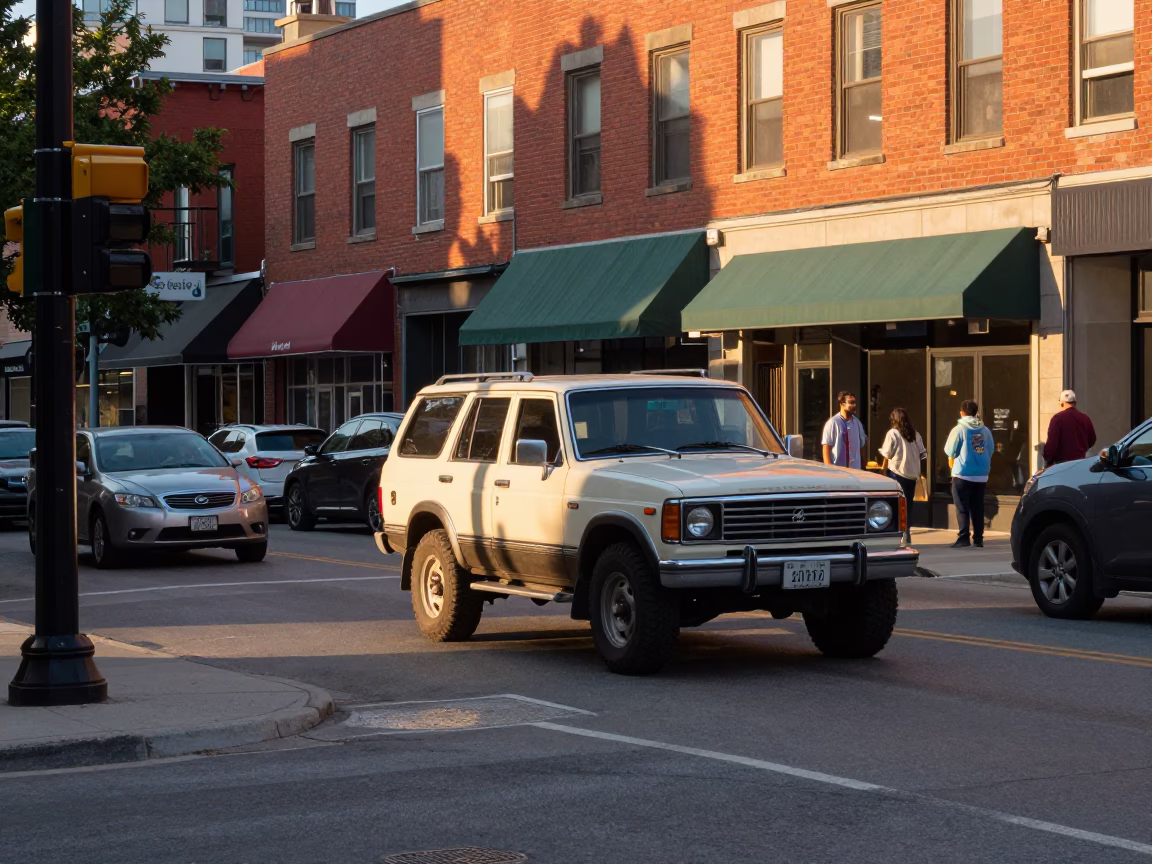 Late Afternoon Toronto Street Scene with Vintage SUV and String Lights in Ontario in in Toronto, Ontario, Canada
