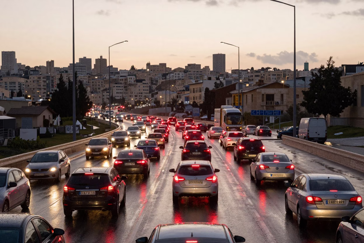 Late Afternoon Traffic and Rain on Amman Overpass Interchange in Jordan in in Amman, Jordan