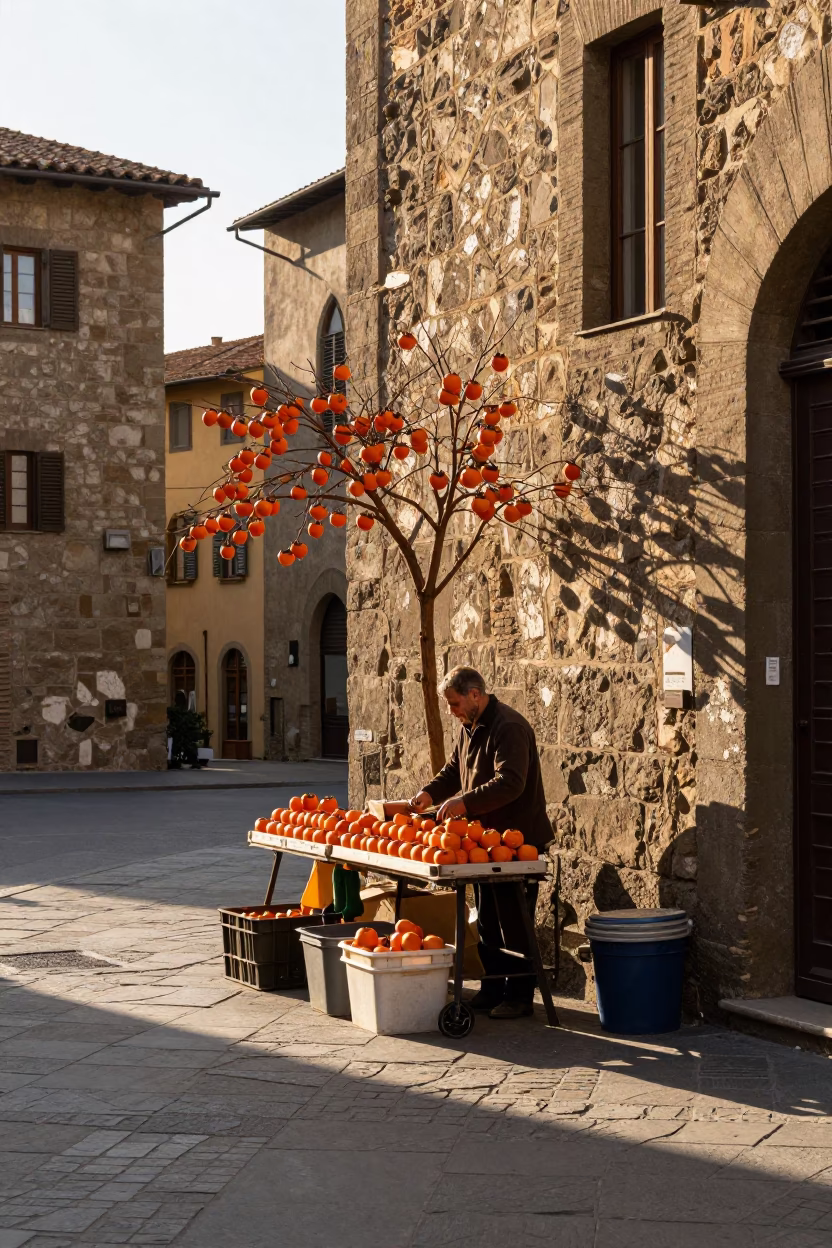 Late Afternoon Tuscan Street Scene with Persimmons and Rusty Lamp in Florence Italy in in Florence, Italy