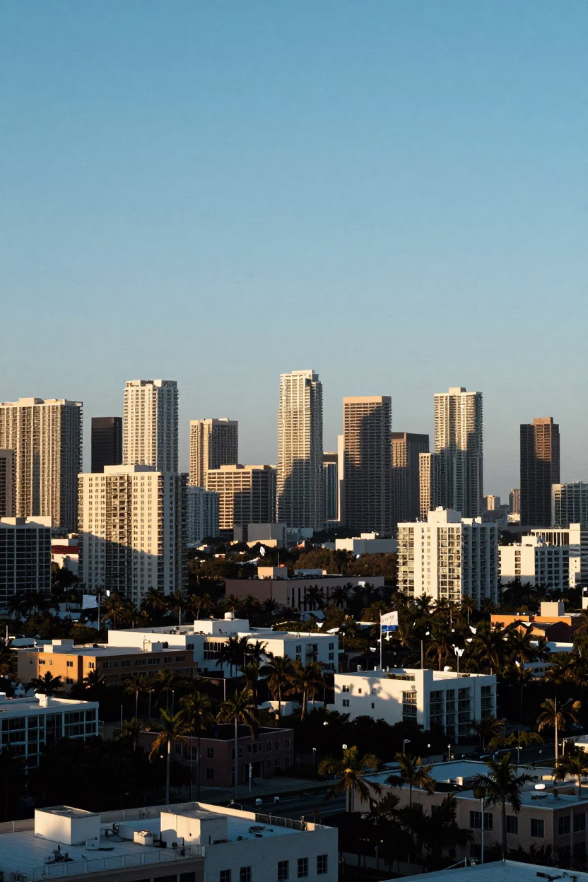 Late Afternoon Urban Landscape of Miami Florida Skyline and Biscayne Bay Waterfront in in Miami, Florida, United States