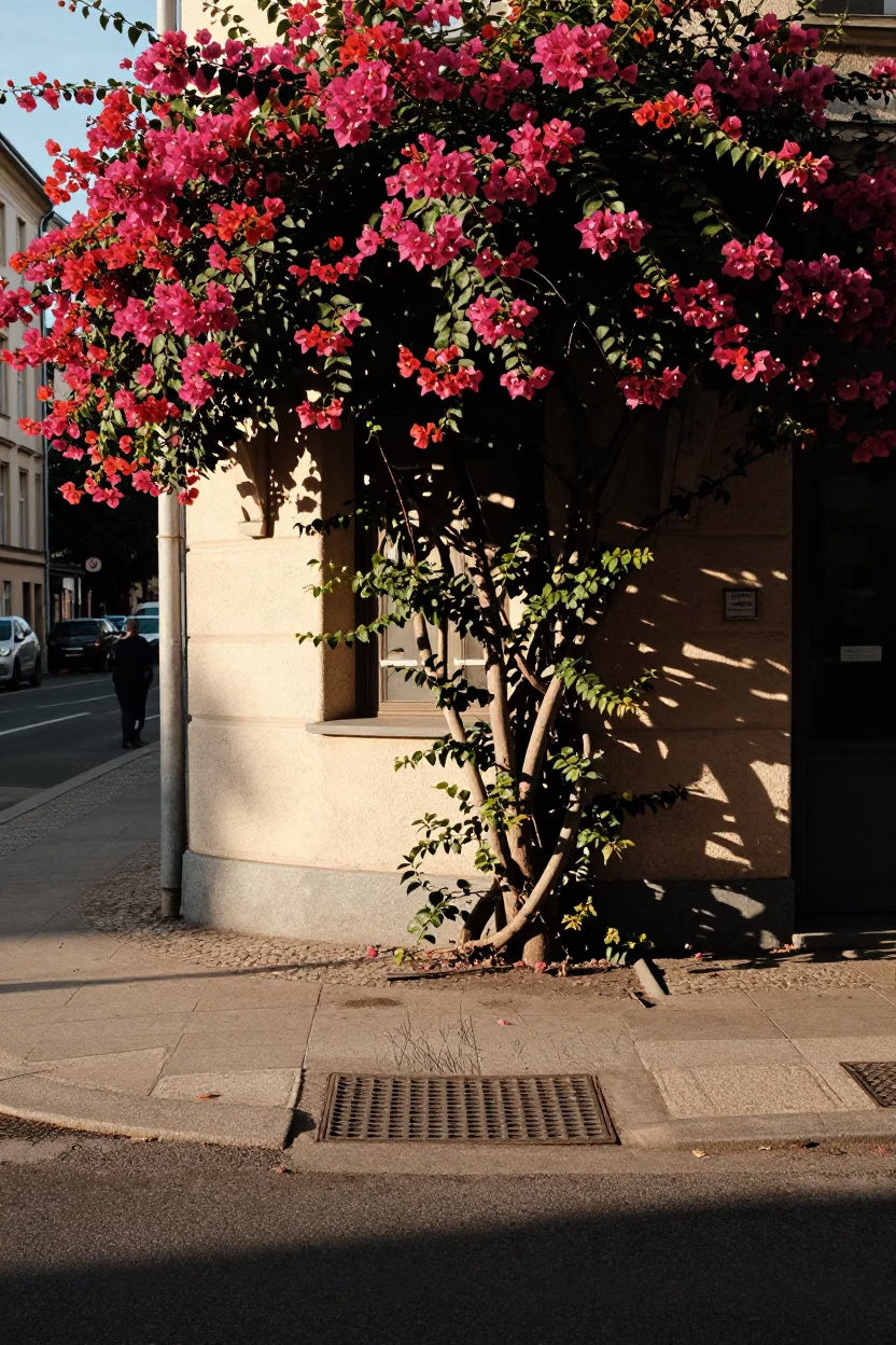 Late Afternoon Urban Scene in Berlin Germany with Bougainvillea and Drain Details in in Berlin, Germany