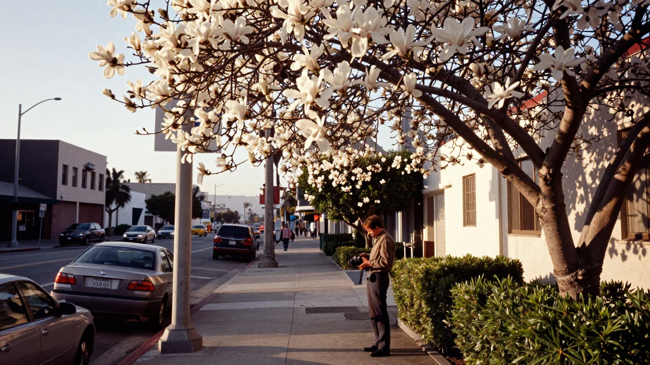 Late Afternoon Urban Scene in Los Angeles California with Magnolia Tree Bloom in in Los Angeles, California, United States