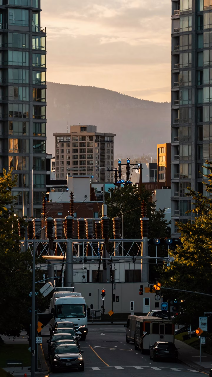 Late Afternoon Urban Scene in Vancouver British Columbia with Substation Details in in Vancouver, British Columbia, Canada